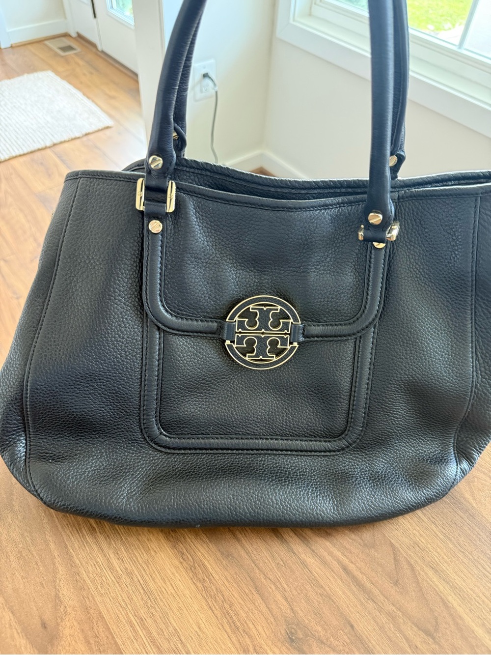 Tory Burch Black Pebbled Leather Tote with Gold Logo Accent